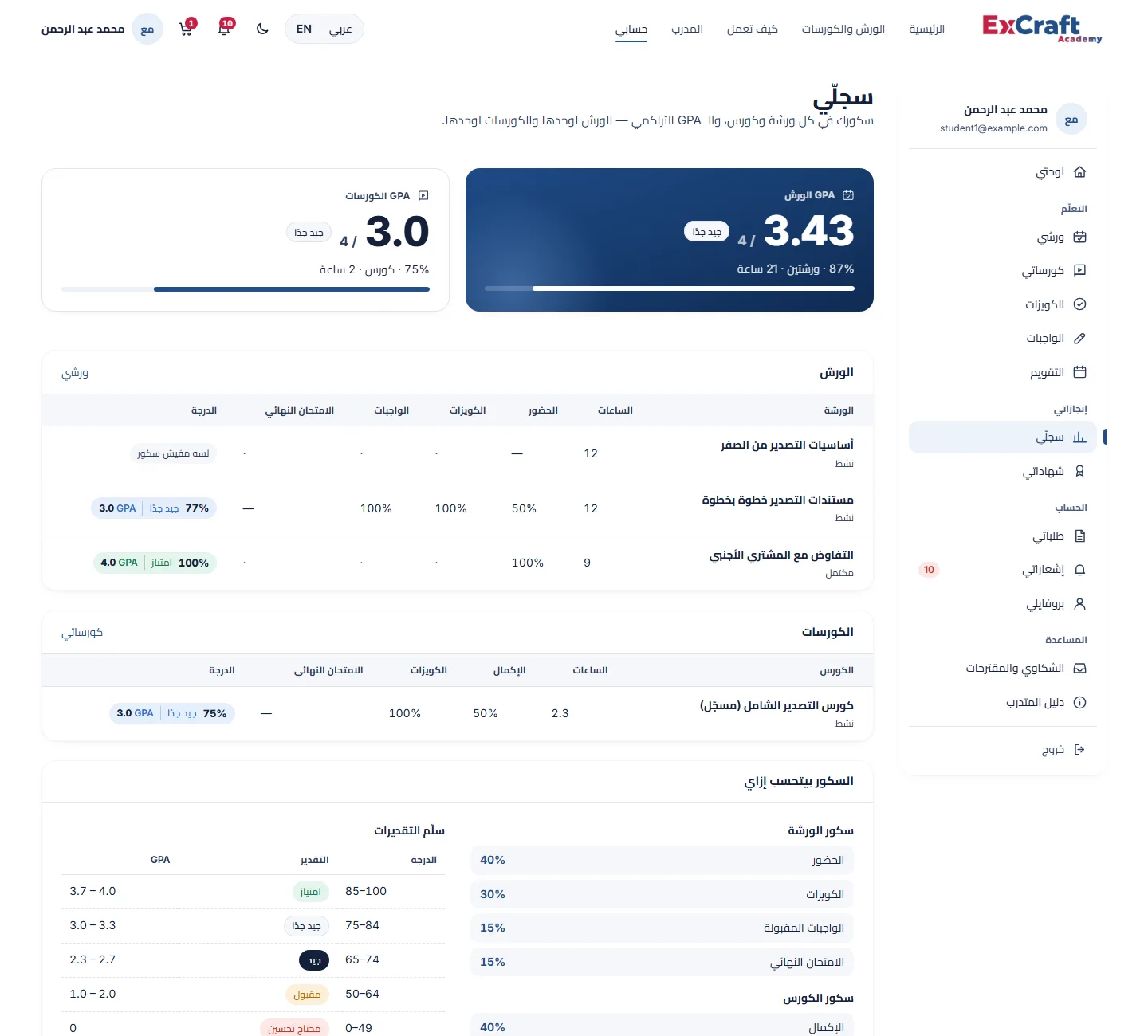 سجلّي — GPA الورش والكورسات وجدول الورش
